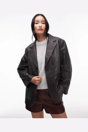 Topshop Premium real leather blazer in washed