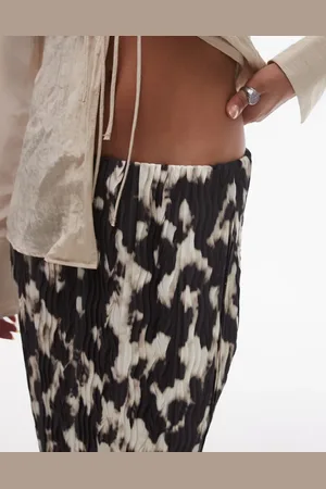 Topshop Abstract leopard print plisse midi skirt in brown
