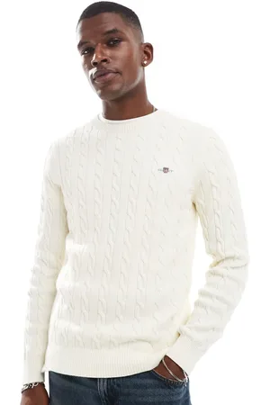 GANT Cotton cable knit jumper with logo in cream