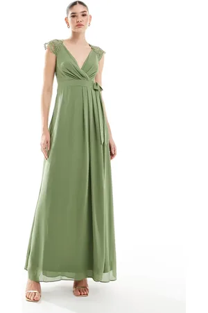 TFNC Bridesmaids maxi dress with lace detail in dark sage
