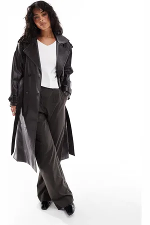 Pull&Bear Belted faux leather trench coat in dark