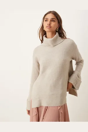 VILA Roll neck oversized jumper with turn up cuff in natural melange