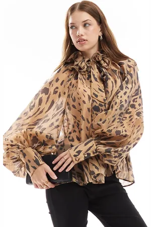 & OTHER STORIES Volume blouse with rose corsage tie neck in leopard print