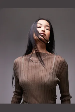 ARKET Sheer knitted long line fitted top in khaki