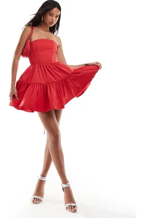 Rare Fashion London satin bandeau tiered mini skater dress with lace up back in
