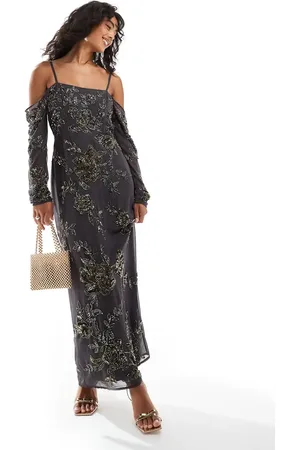 ASOS Bardot long sleeve embellished maxi dress in charcoal