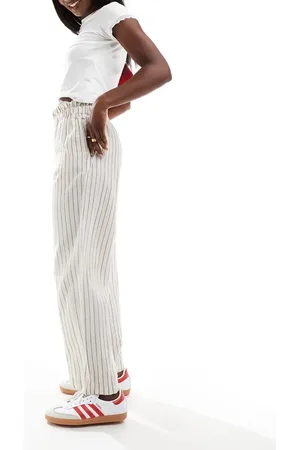VILA Linen touch pinstripe wide leg trousers in cream