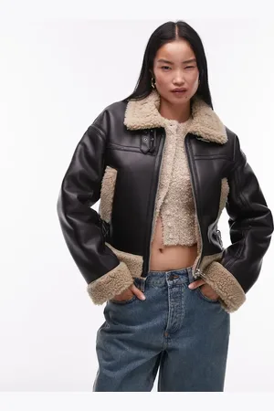 Topshop Faux leather shearling fitted aviator jacket in