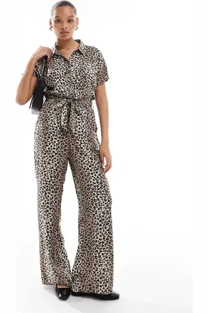 VILA Buttondown tie waist jumpsuit in leopard print