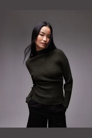 ARKET Knitted long sleeve top with deep fold over off shoulder detail in dark khaki