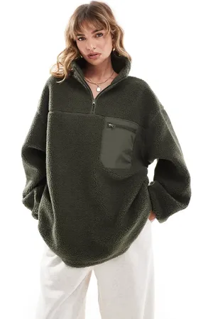 ASOS Half zip nylon mix borg fleece sweatshirt in khaki