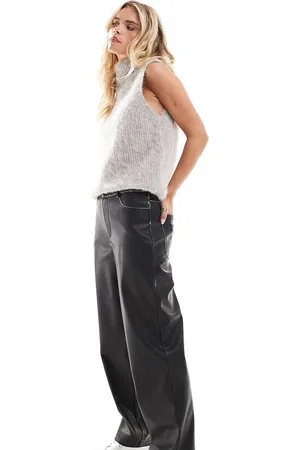 ASOS ASOS DESIGN Petite faux leather straight leg trousers in washed