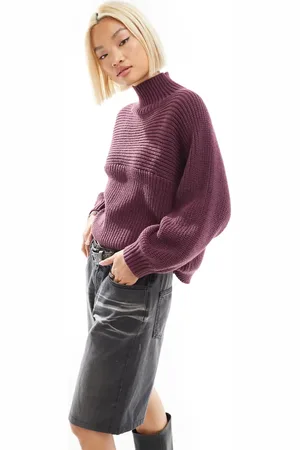 Monki Libby high neck knitted rib jumper in burgundy