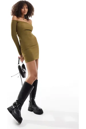 Bershka Textured bardot mini dress in khaki