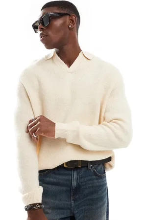 ASOS Oversized brushed knitted notch polo in oatmeal
