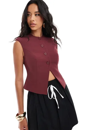Kaiia Tailored button through split front waistcoat in burgundy