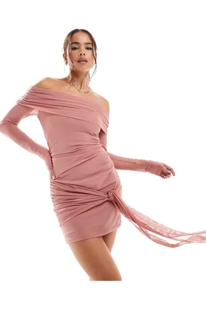 Bershka Bardot mini dress with ruched detail in baby pink