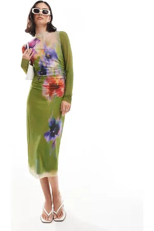 EDITED the label Long sleeve mesh midi dress in olive floral
