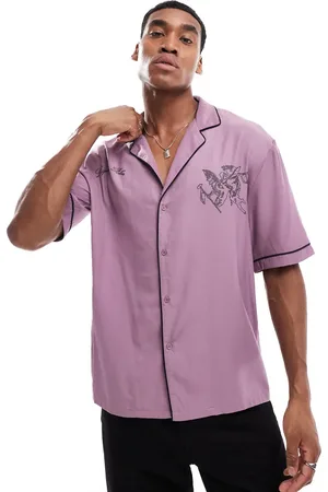 Liquor N Poker Motif print back bowling shirt in mauve