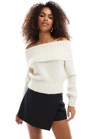 Bershka Fluffy bardot jumper in ecru