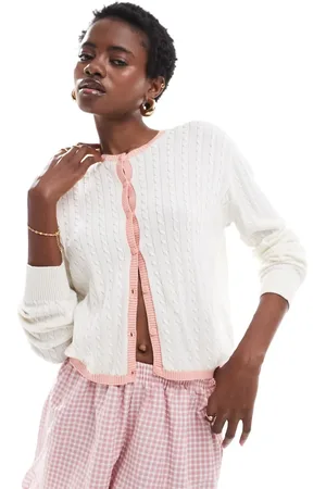 Monki Button front cardigan in off with pink contrast trim