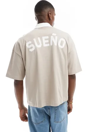 ASOS Boxy oversized polo t-shirt with back graphic in stone