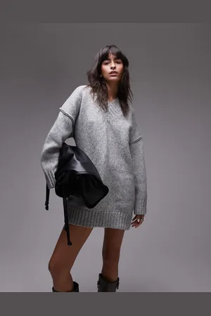 Topshop Knitted high v-neck mini oversized dress in malonge