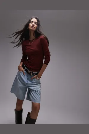 Topshop Premium basic sheer crew neck long sleeve with contrast trim in burgundy