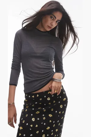 Topshop Premium basic sheer funnel neck long sleeve with contrast trim in dark marl