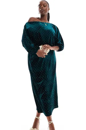 Never Fully Dressed Tilly off shoulder velvet midaxi dress in emerald