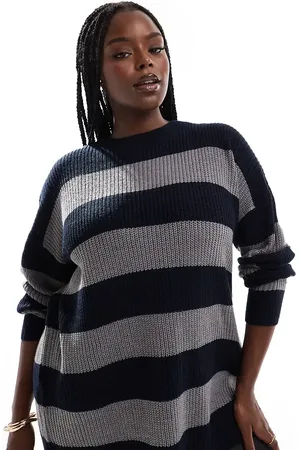 Yours Drop shoulder striped jumper in navy and grey