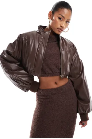 Aria Cove Cropped vinyl padded coat in chocolate
