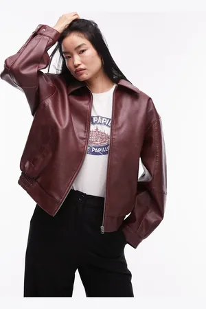 Topshop Grain faux leather oversized bomber jacket in burgundy