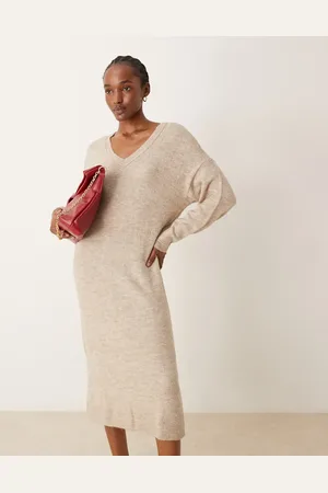 VILA V neck knitted jumper midi dress in natural melange