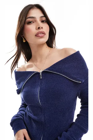 Pull&Bear Zip through bardot knitted jumper in