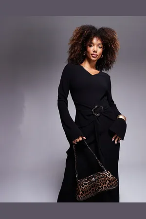 DASKA Long sleeve maxi dress with gold belt detail in