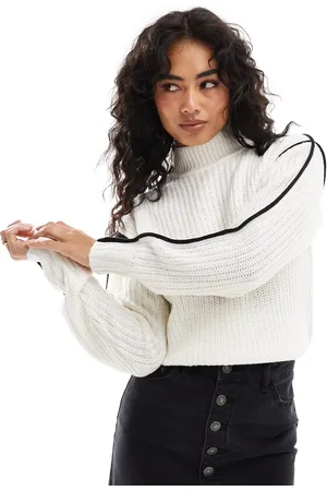 Brave Soul Knitted drop shoulder high neck jumper in ivory with contrast black seam detail
