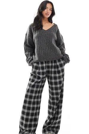 Bershka Petite tie waist wide leg trousers in check