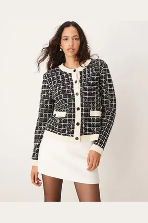 Y.A.S Short knit cardigan in black and cream check