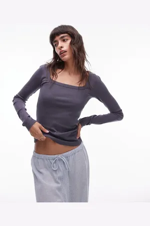 Topshop Square neck long sleeve top in slate