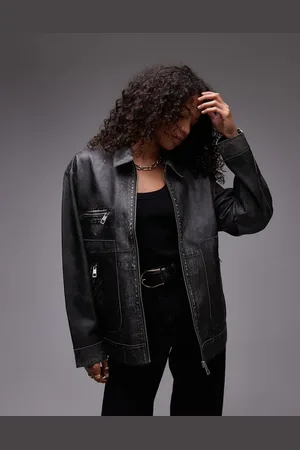 Topshop Premium real leather zip through jacket in washed