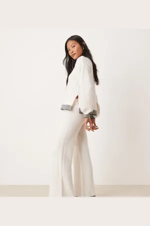 VILA Knitted wide leg trouser co-ord with contrast stitch in cream