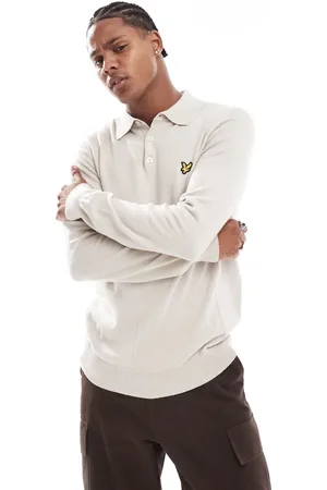 Lyle & Scott Merino long sleeve knitted polo in stone
