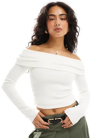 Bershka Ribbed bardot top in ecru
