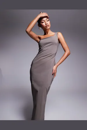 Vesper Bengaline one shoulder midaxi dress in taupe