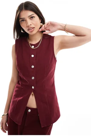 ASOS Denim split front waistcoat in burgundy