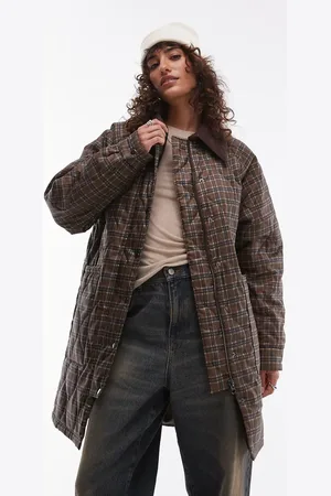 Topshop Check long nylon coat with cord collar