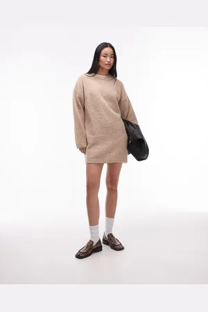 Topshop Knitted fluffy crew oversized dress in oat