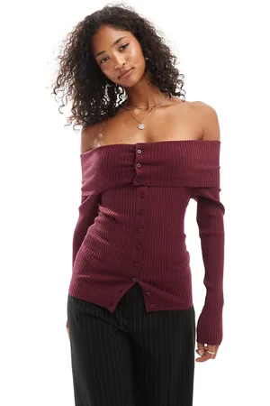 Pull&Bear Ribbed bardot jumper with button detail in deep burgundy