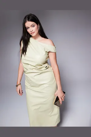 ASOS ASOS DESIGN Curve asymmetric neckline PU midi dress in sage